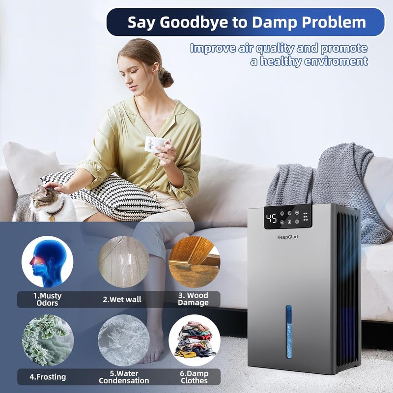 KeepGlad Dehumidifier, 98OZ Dehumidifiers for Home(1000sq.ft), Humidity Display Dehumidifier for Basement Bathroom Bedroom, Auto Shut Off, Washable Filter, Drain Hose, Timer, 7 Ambient Lights, Gray - Image 5
